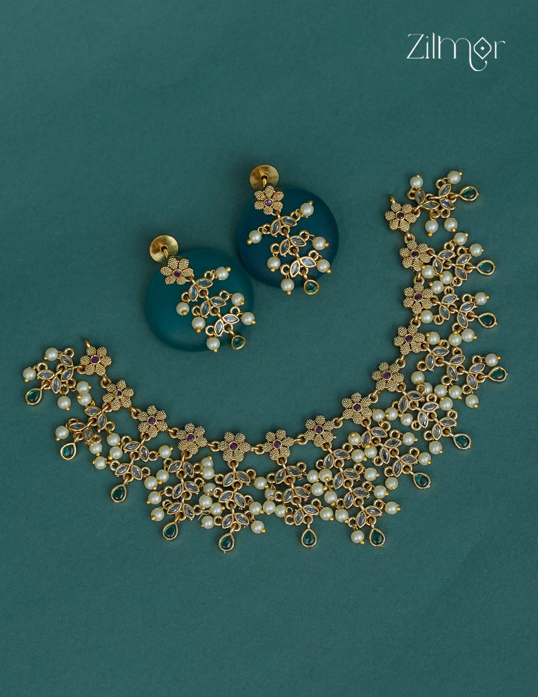 Antique Gold Floral Pearl Choker Necklace & Earrings Set - SN1012363