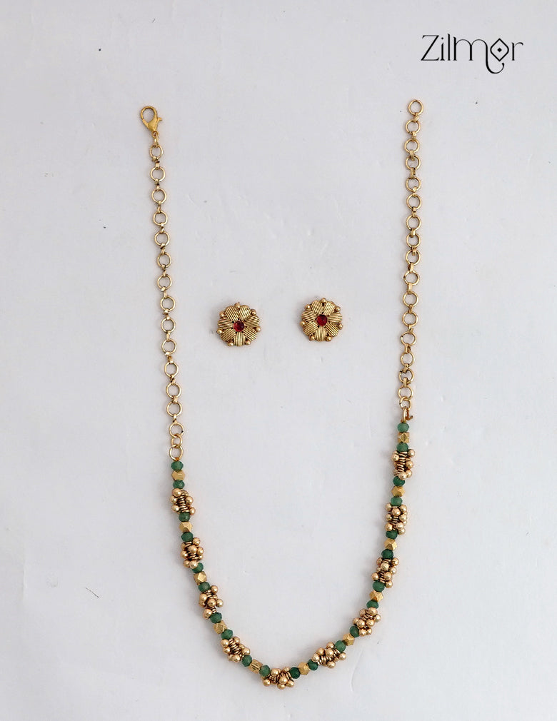 Antique Gold Green Bead Choker Necklace Set with Matching Stud Earrings - KA1012728