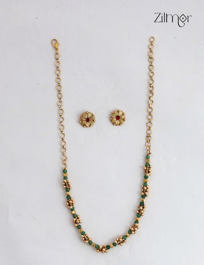 Antique Gold Green Bead Choker Necklace Set with Matching Stud Earrings - KA1012728