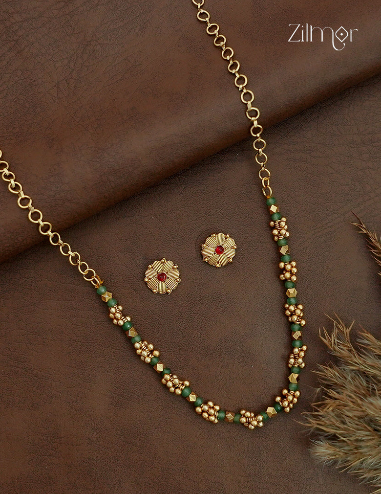 Antique Gold Green Bead Choker Necklace Set with Matching Stud Earrings - KA1012728