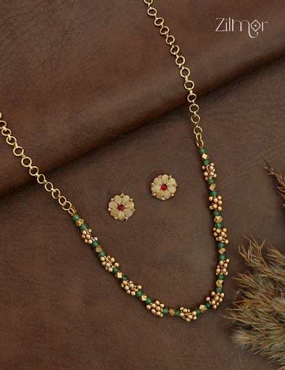 Antique Gold Green Bead Choker Necklace Set with Matching Stud Earrings - KA1012728