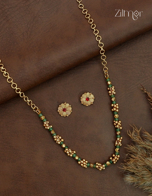 Antique Gold Green Bead Choker Necklace Set with Matching Stud Earrings - KA1012728