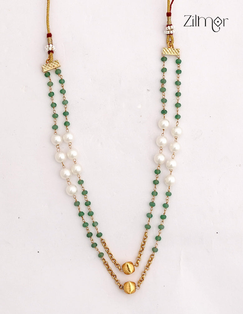 Antique Gold Green & White Bead Necklace - NV1012751