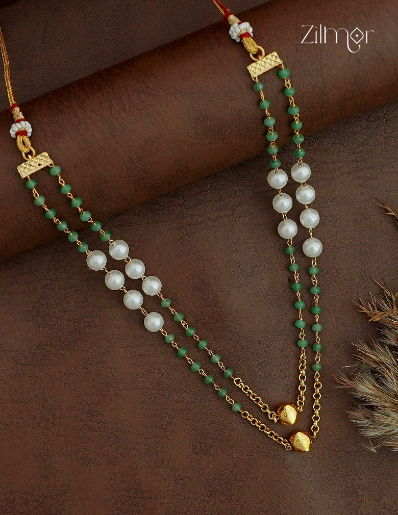 Antique Gold Green & White Bead Necklace - NV1012751