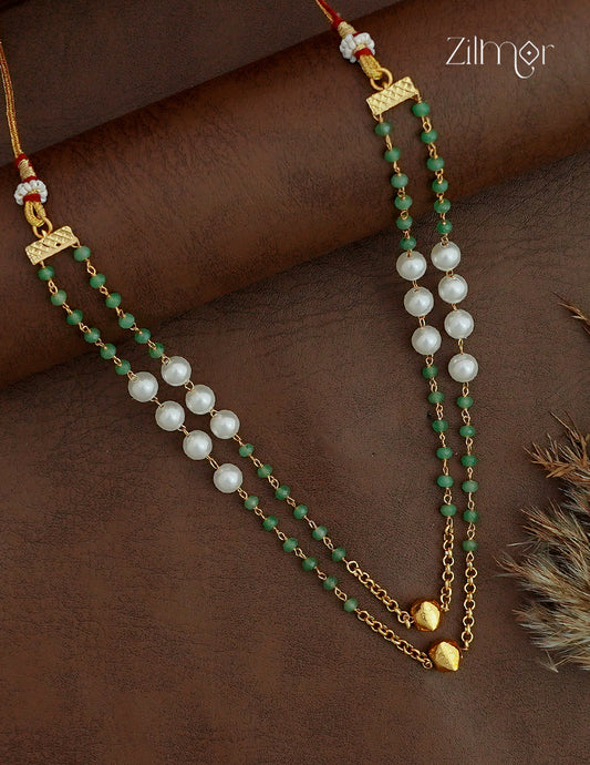 Antique Gold Green & White Bead Necklace - NV1012751