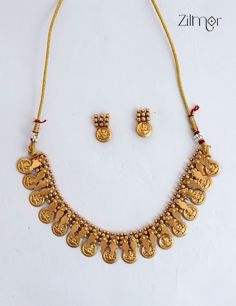 Antique Gold Kaashu Lakshmi with Elakka Thaali Choker Necklace Set - NV1012590