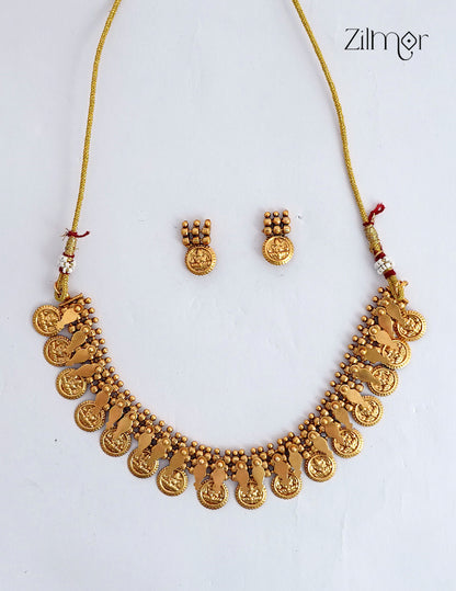 Antique Gold Kaashu Lakshmi with Elakka Thaali Choker Necklace Set - NV1012590