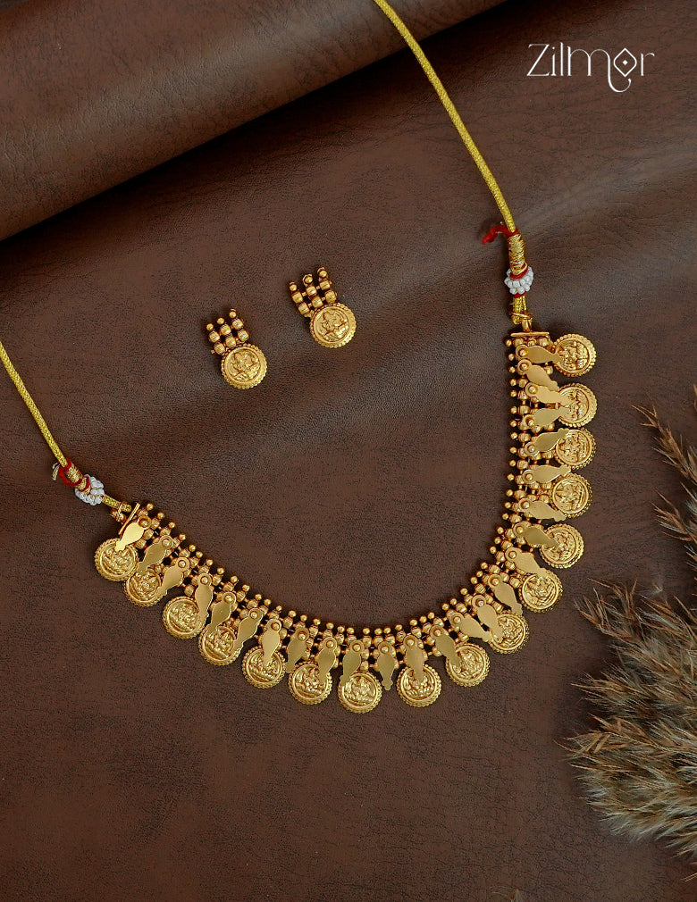 Antique Gold Kaashu Lakshmi with Elakka Thaali Choker Necklace Set - NV1012590