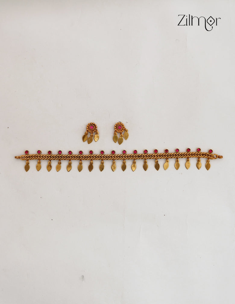 Antique Gold Kemp Stone Elakka Thaali Choker Necklace Set - NV1012760