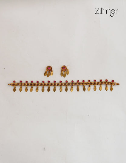 Antique Gold Kemp Stone Elakka Thaali Choker Necklace Set - NV1012760