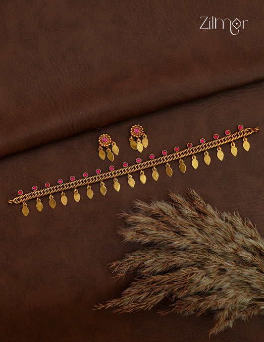 Antique Gold Kemp Stone Elakka Thaali Choker Necklace Set - NV1012760
