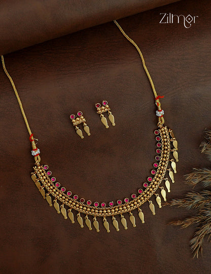 Antique Gold Kemp Stone Elakkathali Choker Necklace Set with Earrings - NV1012663