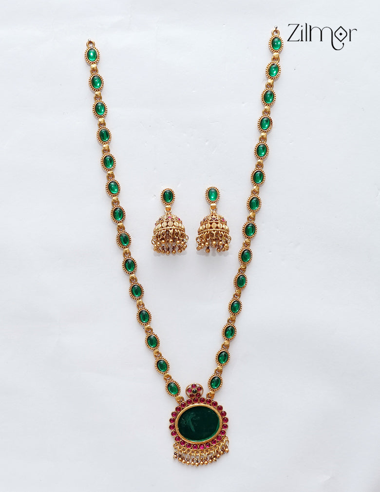 Antique Gold Kemp Stone Long Necklace Set with Jhumka Earrings - NV1012697