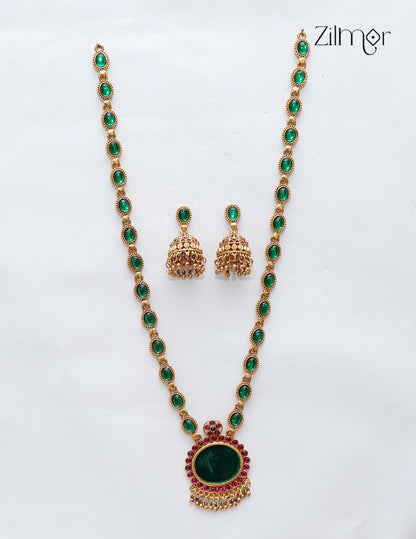 Antique Gold Kemp Stone Long Necklace Set with Jhumka Earrings - NV1012697