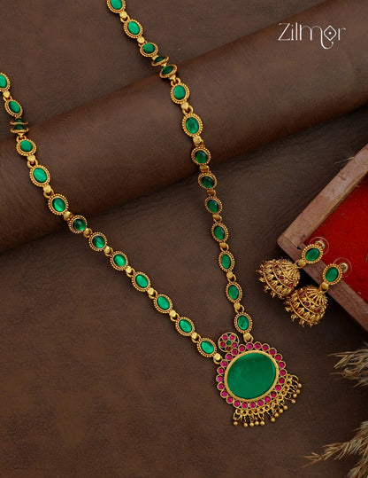 Antique Gold Kemp Stone Long Necklace Set with Jhumka Earrings - NV1012697