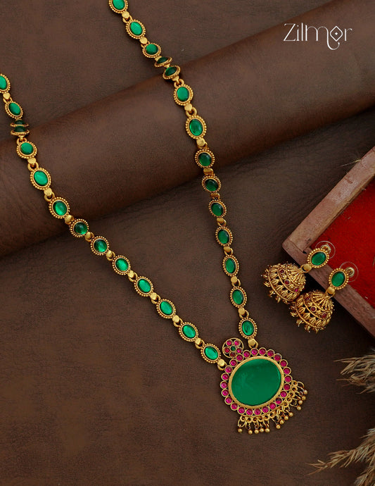 Antique Gold Kemp Stone Long Necklace Set with Jhumka Earrings - NV1012697