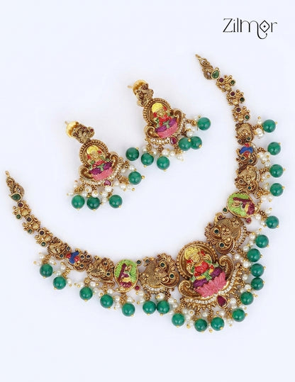 Antique Gold Lakshmi Choker Necklace & Earrings Set - SN1012361