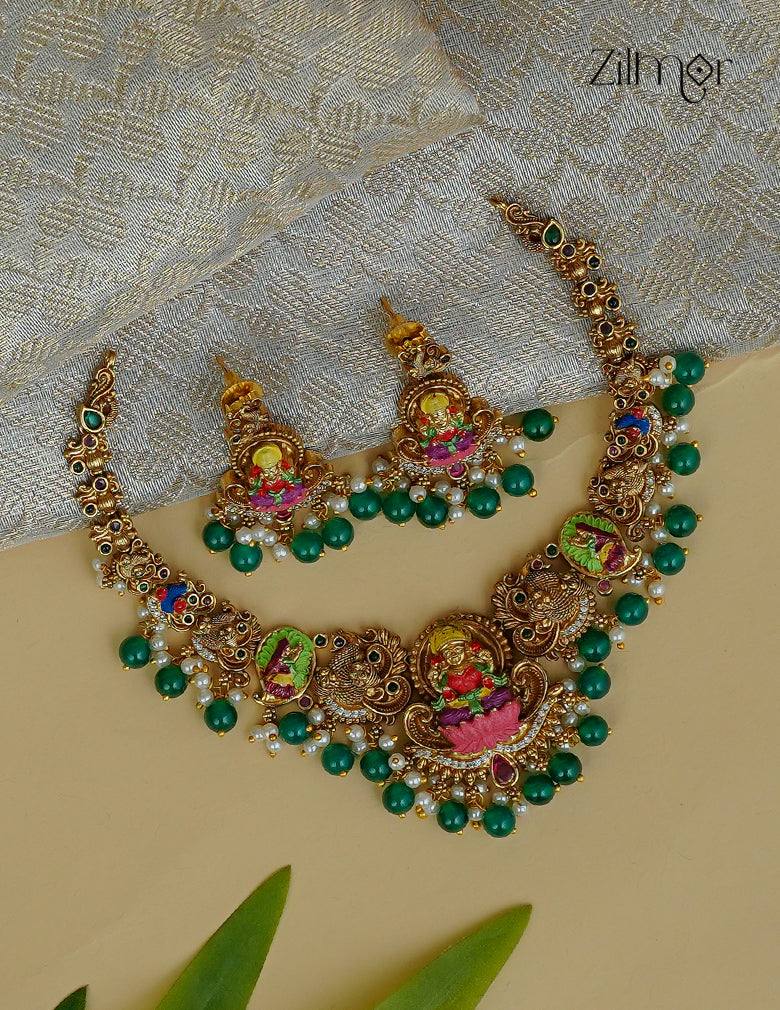 Antique Gold Lakshmi Choker Necklace & Earrings Set - SN1012361