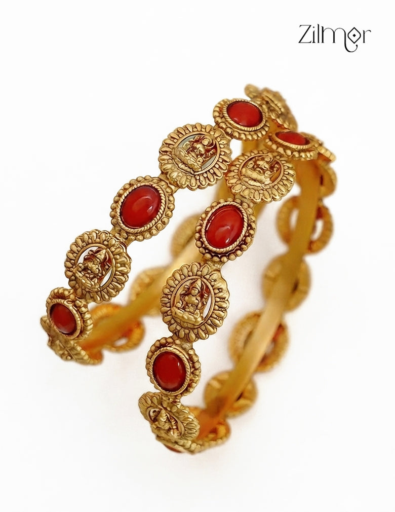 Antique Gold Lakshmi Coral Bangle Pair - White Background Product Shot