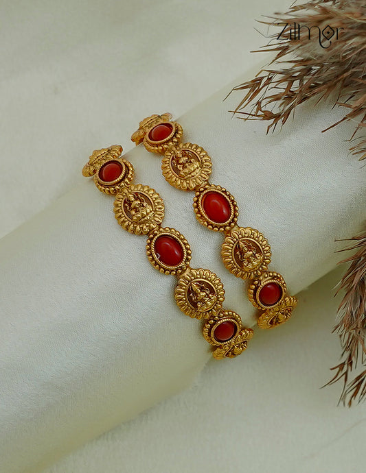 Antique Gold Lakshmi Coral Bangle Pair - Close-up Detail on Wrist Fabric