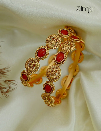Antique Gold Lakshmi Coral Bangle Pair - Lifestyle Shot on Cream Silk Fabric
