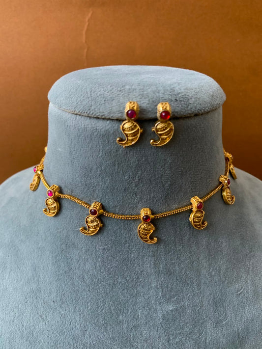 Antique Gold Mango Motif Choker Necklace Set with Earrings - NV1012715