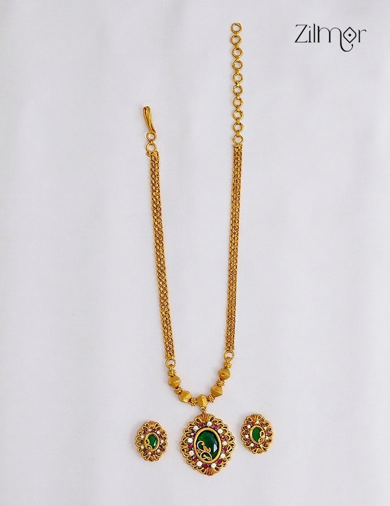 Antique Necklace & Earrings Set with Emerald Green Pendant- SN1012362