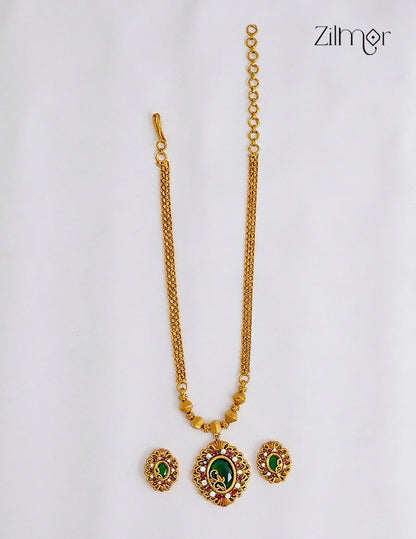 Antique Necklace & Earrings Set with Emerald Green Pendant- SN1012362