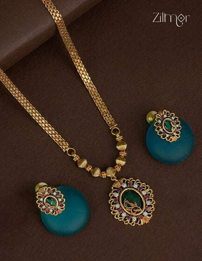 Antique Necklace & Earrings Set with Emerald Green Pendant- SN1012362