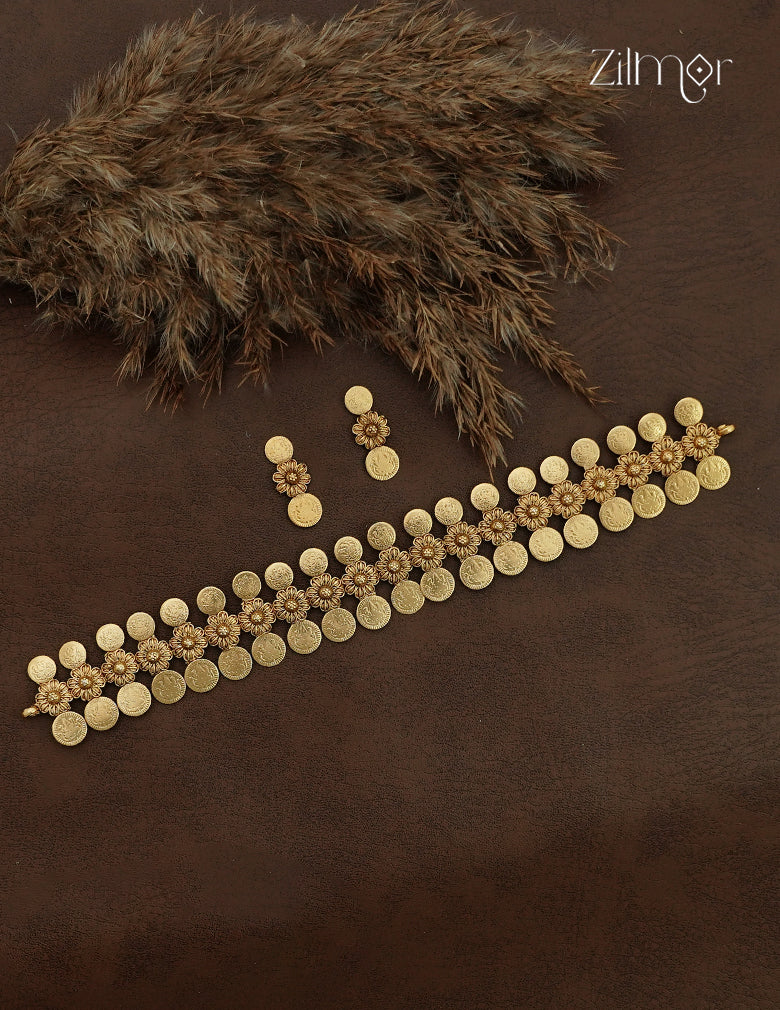 Antique Kashu Lakshmi Necklace with Matching Earrings Set - NV1012696