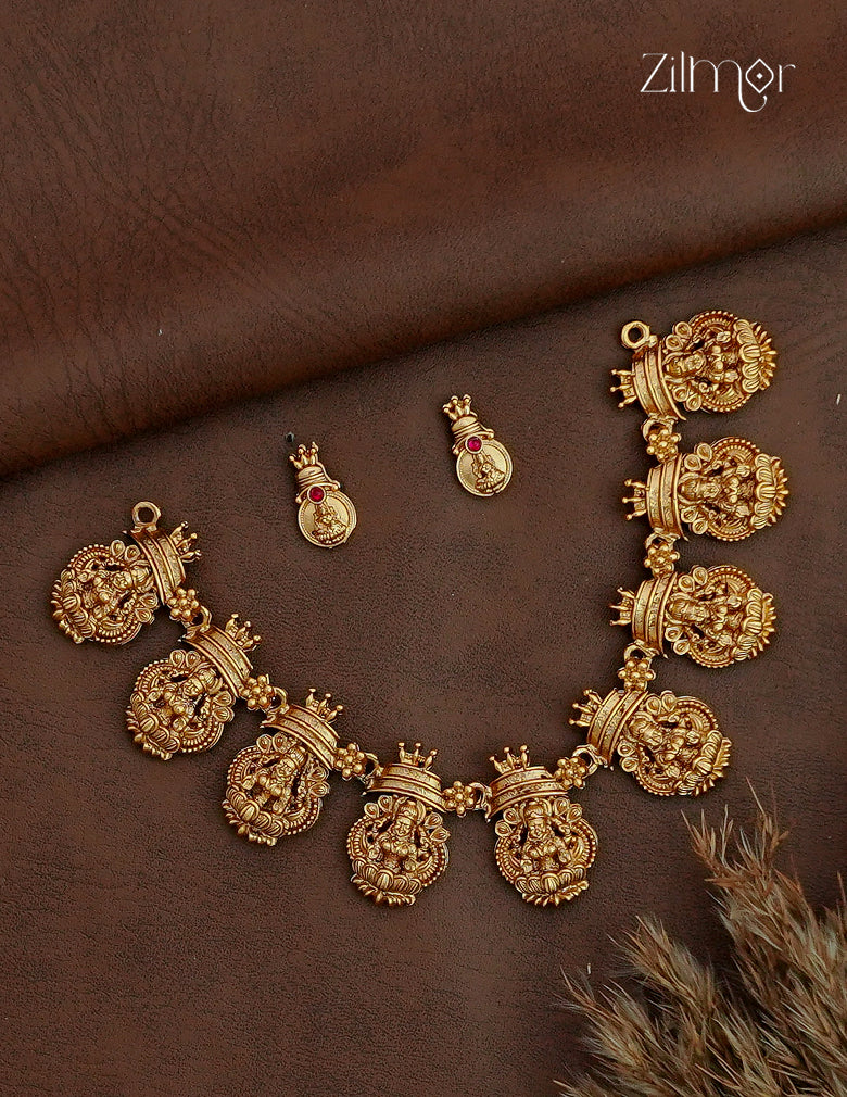 Antique Lakshmi  Choker Necklace with Matching  Earrings - NV1012745