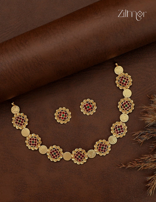 Antique Lakshmi Floral Motif Choker Necklace with Matching  Earrings - NV1012851