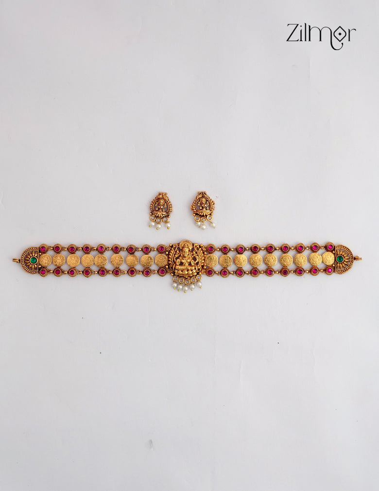 Antique Lakshmi Kaashu Coin Choker Necklace with Matching Earrings- NV1012747