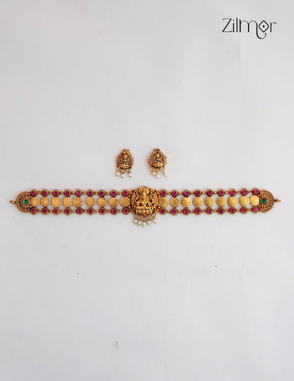 Antique Lakshmi Kaashu Coin Choker Necklace with Matching Earrings- NV1012747