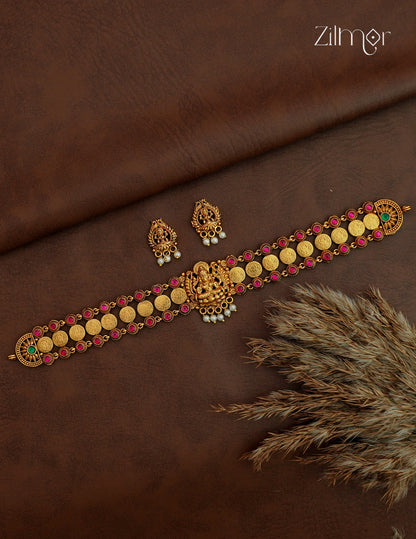 Antique Lakshmi Kaashu Coin Choker Necklace with Matching Earrings- NV1012747
