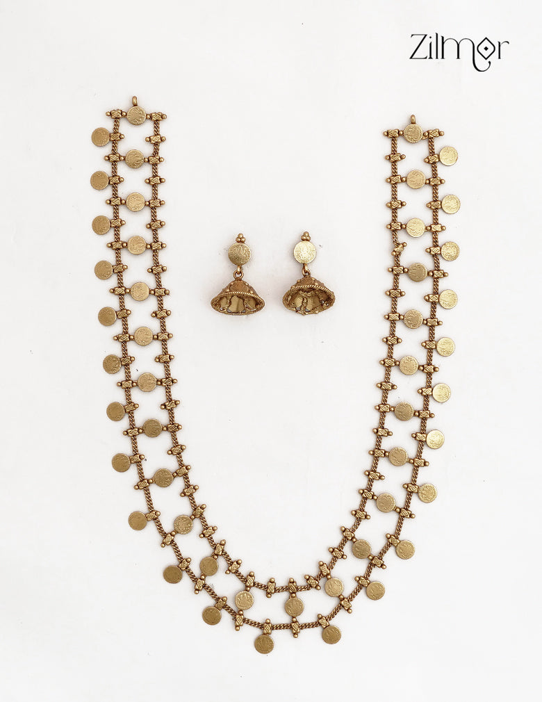 Antique Lakshmi Kaashu Coin Long Necklace with Matching Jhumka Earrings- NV1012744