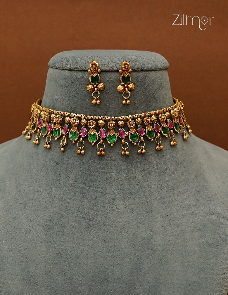 Antique Palakka Choker Necklace Set with Matching Earrings - NV1012724
