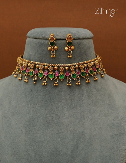 Antique Palakka Choker Necklace Set with Matching Earrings - NV1012724