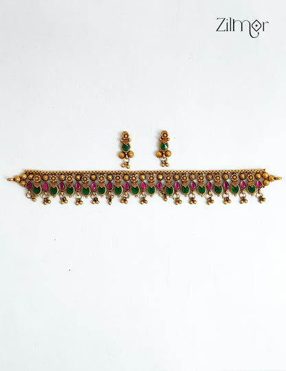 Antique Palakka Choker Necklace Set with Matching Earrings - NV1012724