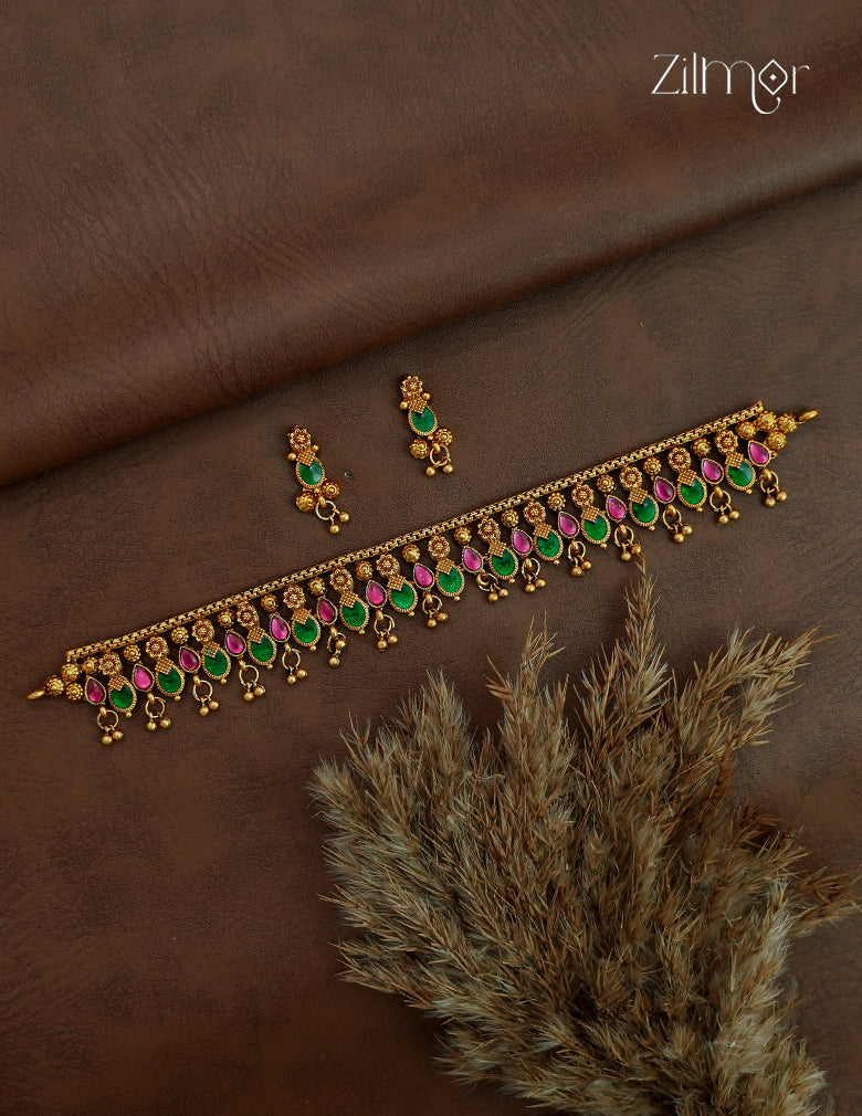 Antique Palakka Choker Necklace Set with Matching Earrings - NV1012724