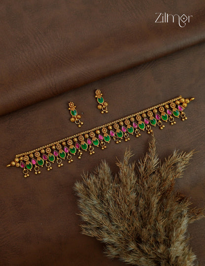 Antique Palakka Choker Necklace Set with Matching Earrings - NV1012724
