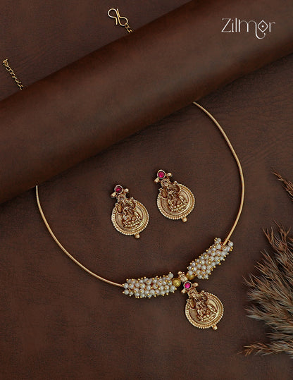 Antique Pearl Lakshmi Necklace Set with Matching Earrings - NV1012812