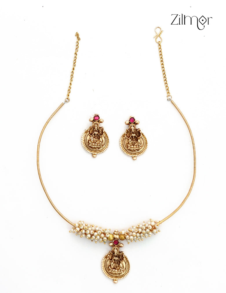 Antique Pearl Lakshmi Necklace Set with Matching Earrings - NV1012812