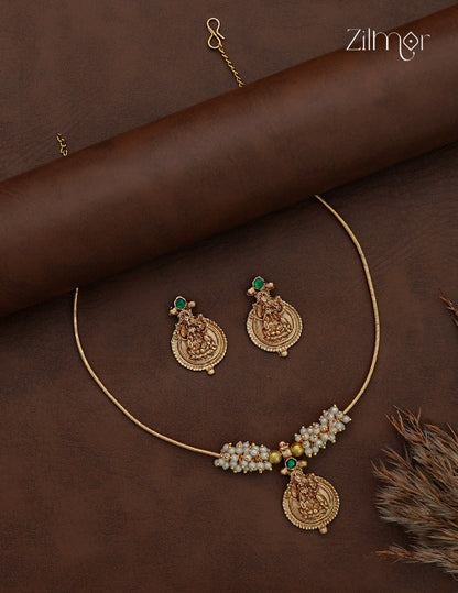 Antique Pearl Lakshmi Necklace Set with Matching Earrings - NV1012812