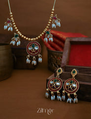 BH1011180 - Hanging Rice Pearl Kemp Stone Necklace With Earring 1-Zilmor