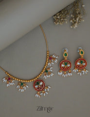 BH1011180 - Hanging Rice Pearl Kemp Stone Necklace With Earring 3-Zilmor
