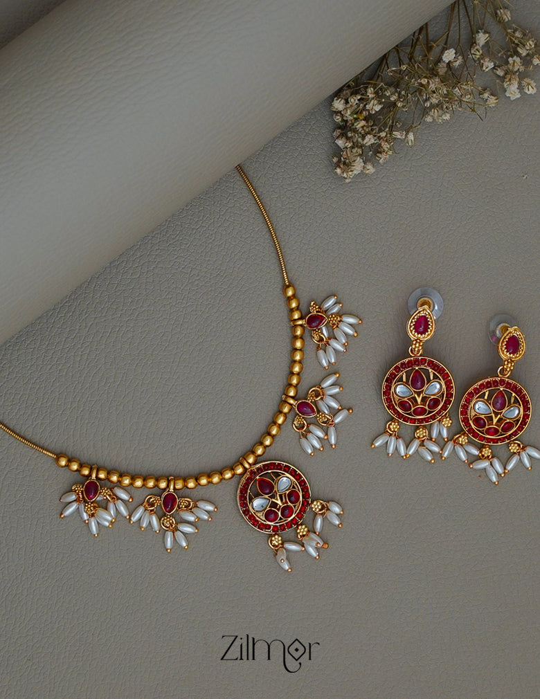 BH1011180 - Hanging Rice Pearl Kemp Stone Necklace With Earring 4-Zilmor