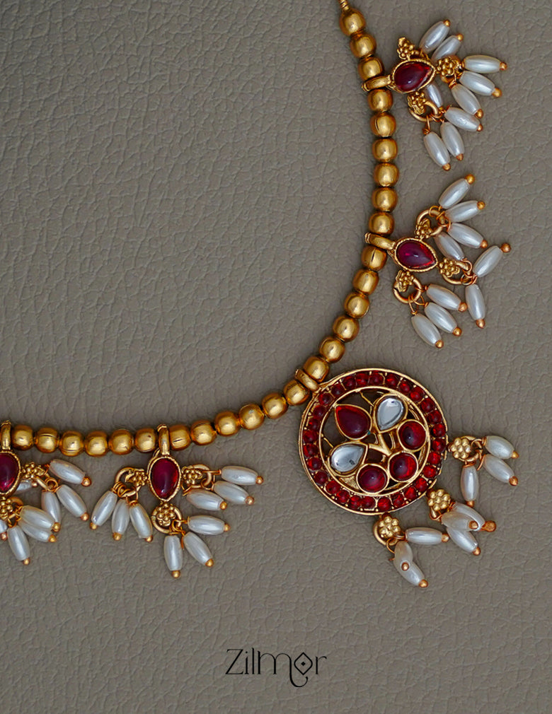 BH1011180 - Hanging Rice Pearl Kemp Stone Necklace With Earring 5-Zilmor