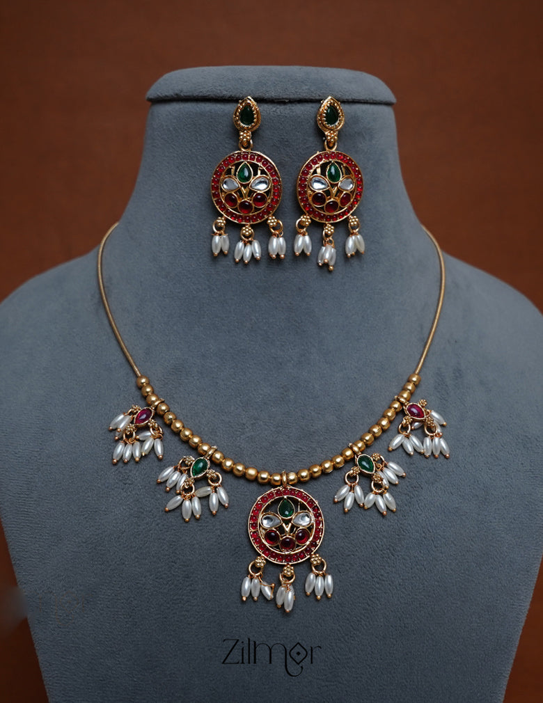 BH1011180 - Hanging Rice Pearl Kemp Stone Necklace With Earring 6-Zilmor