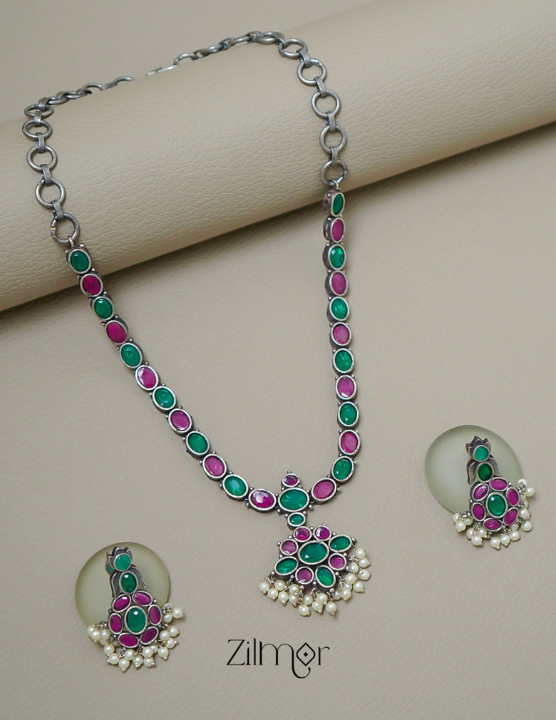 CL1011655- Oxidised Silver Necklace with Earrings set 1-Zilmor